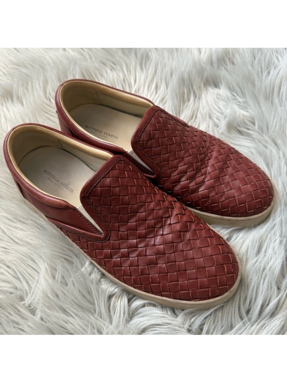 Bottega Veneta Men’s Burgundy Woven Leather Slip-On Sneakers